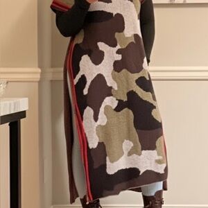 Camouflage Knit Slip-On Dress with Red Stripe Detail - Olive/Black